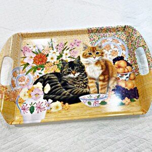 Anne Mortimer Signed Cat Tray Melamine Handled Yellow Multi Italy 17.5" x 12"